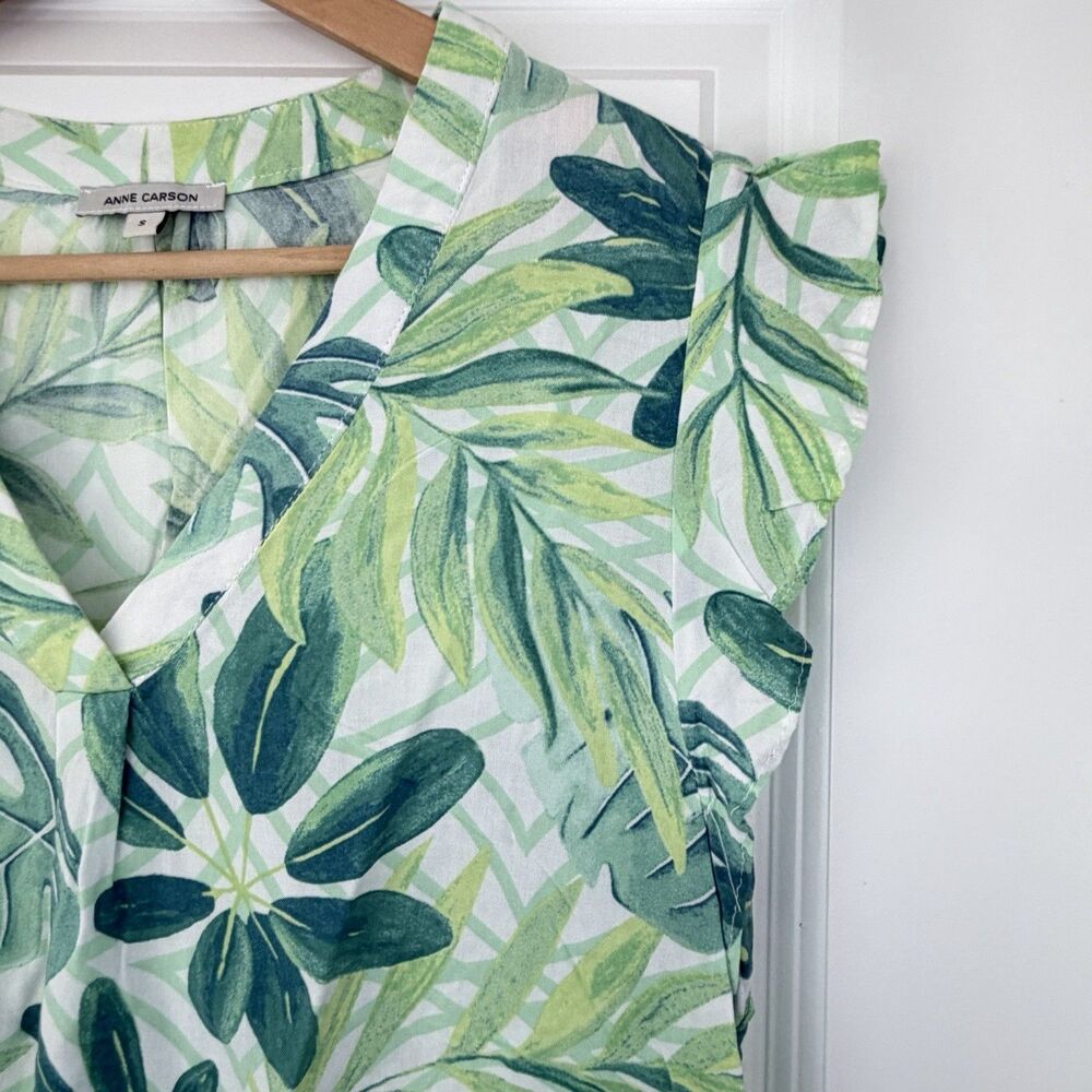 Anne Carson Womens Blouse Tropical Leaf Green Cap Sleeve V Neck Top S